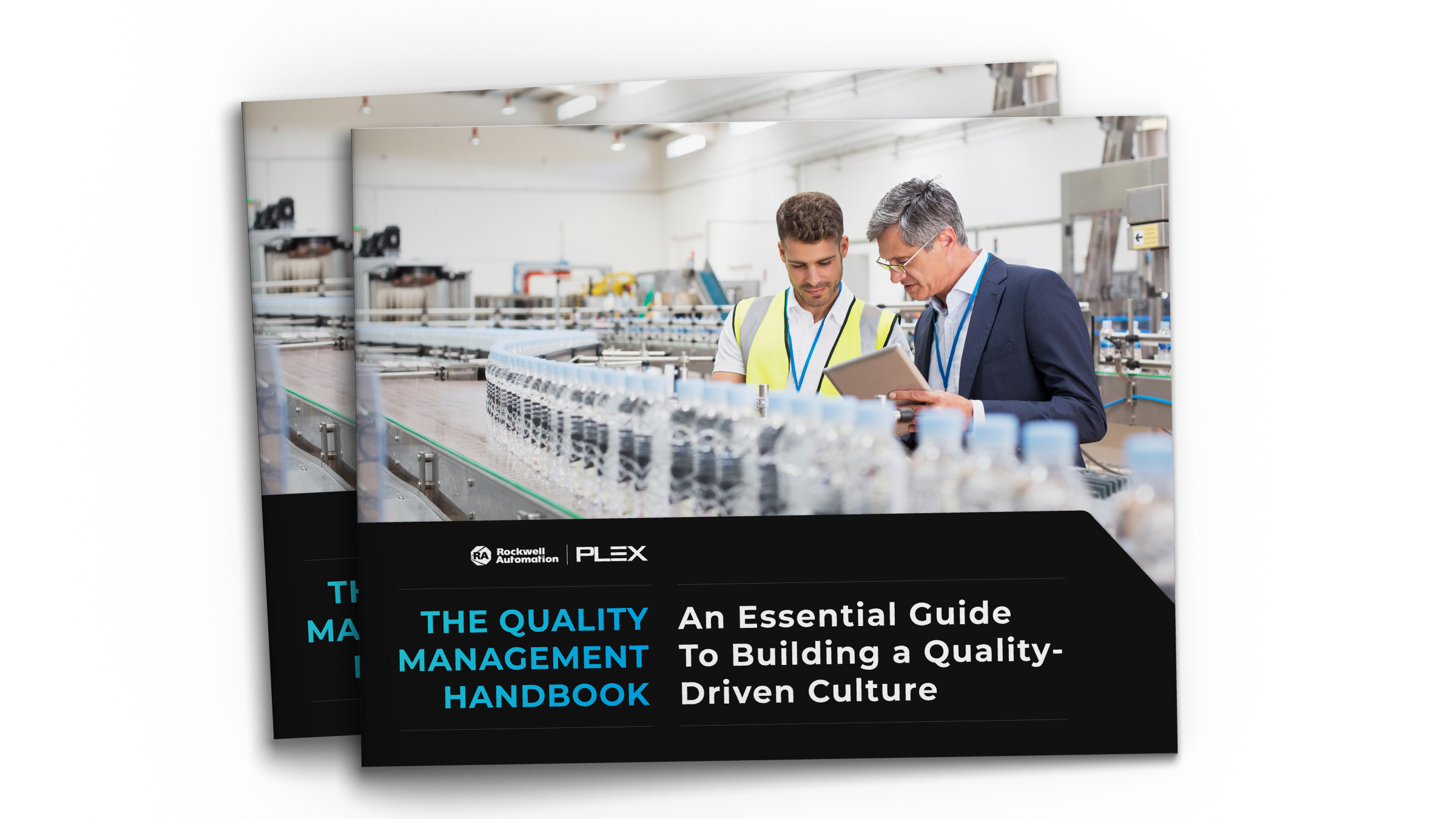 Manufacturing conveyor line with bottled products as two professionals review documents in a factory setting