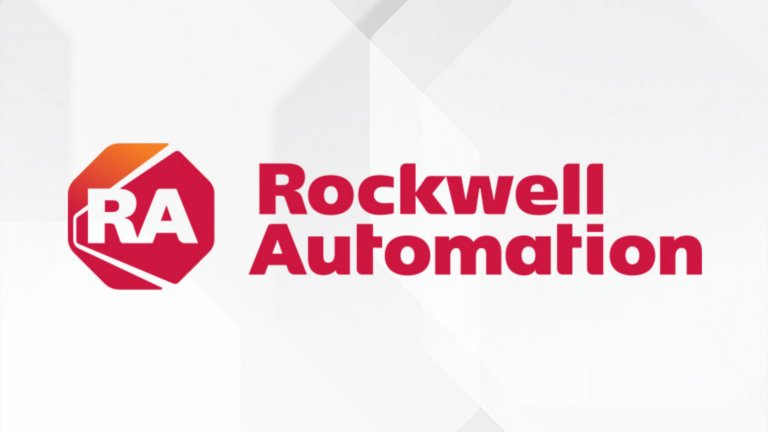 Rockwell Automation red logo with white and grey octagons in the background