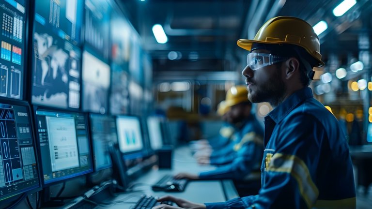 Monitoring Industrial Processes from a Central Control Room. Concept Real-time monitoring, Centralized control, Industrial processes, Efficiency optimization, Production supervision