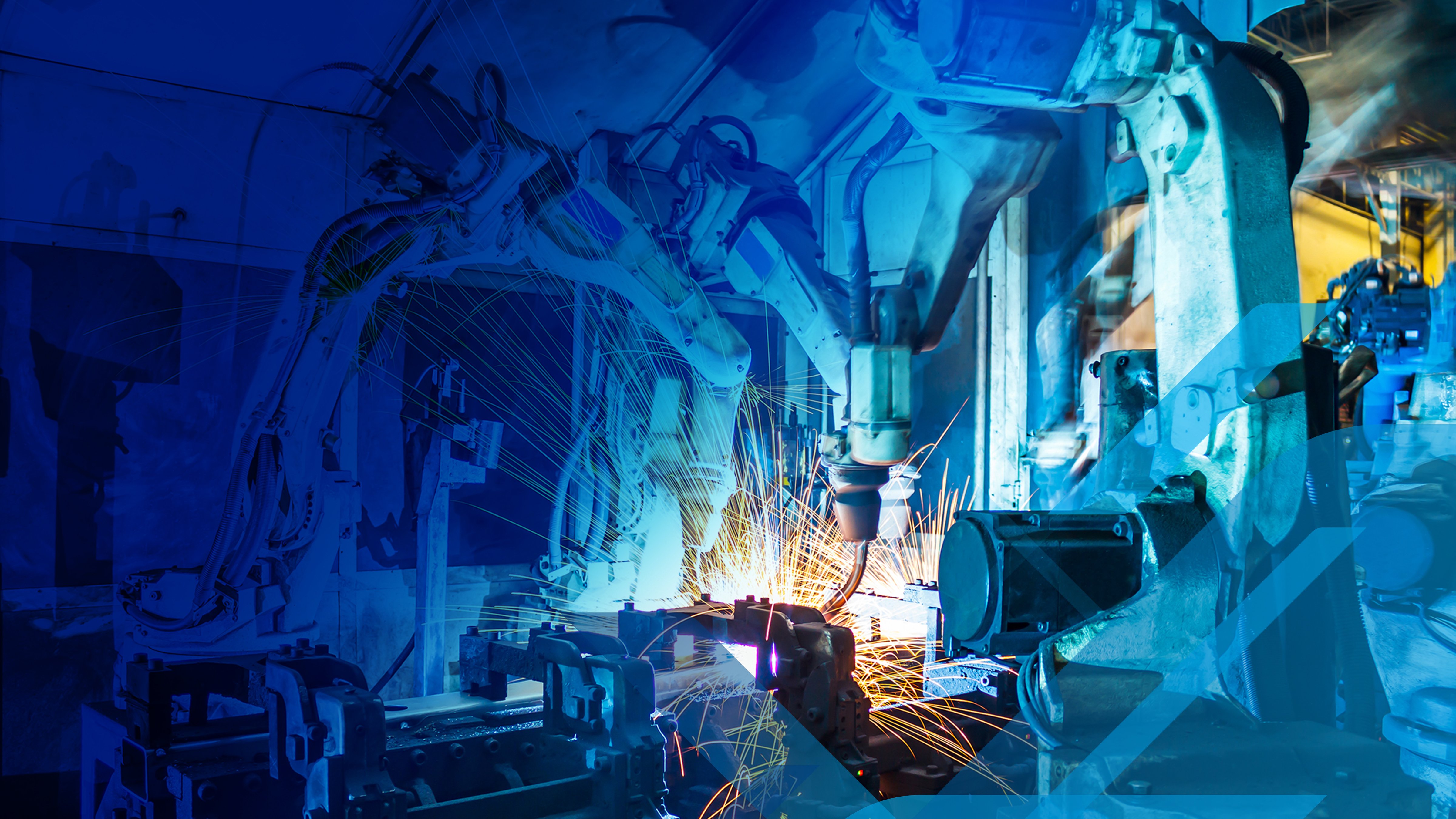 Photo illustration of robot arm welding in automotive factory with graphic overlay