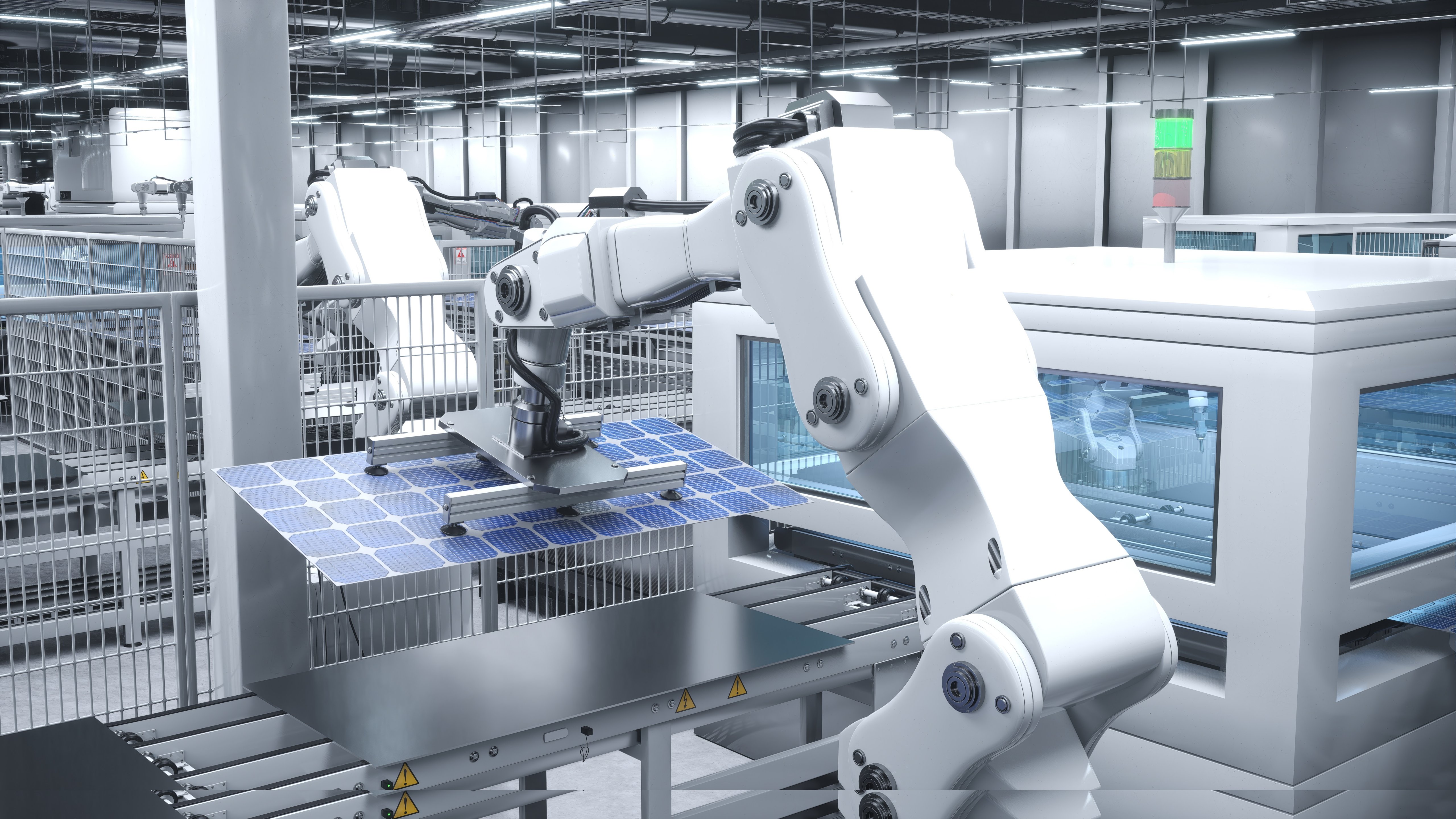 Industrialized solar panel factory with robotic arms placing photovoltaic modules on assembly lines, 3D rendering. Panning shot of manufacturing facility producing solar cells for energy industry