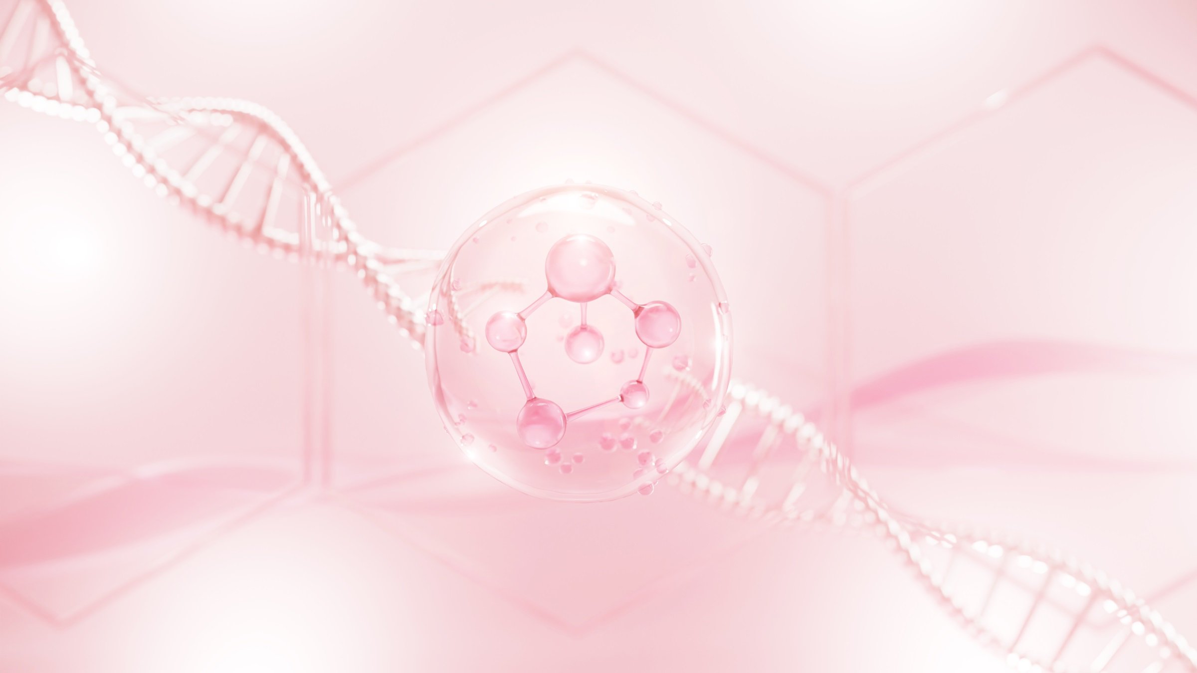 Molecule inside bubble on pink background, Cosmetic Essence oil Liquid, concept skin care cosmetics solution. 3d rendering. 