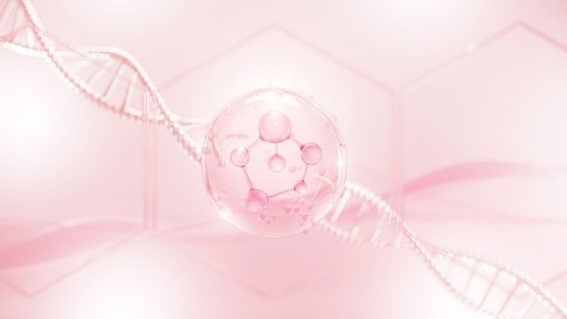 Molecule inside bubble on pink background, Cosmetic Essence oil Liquid, concept skin care cosmetics solution. 3d rendering. 