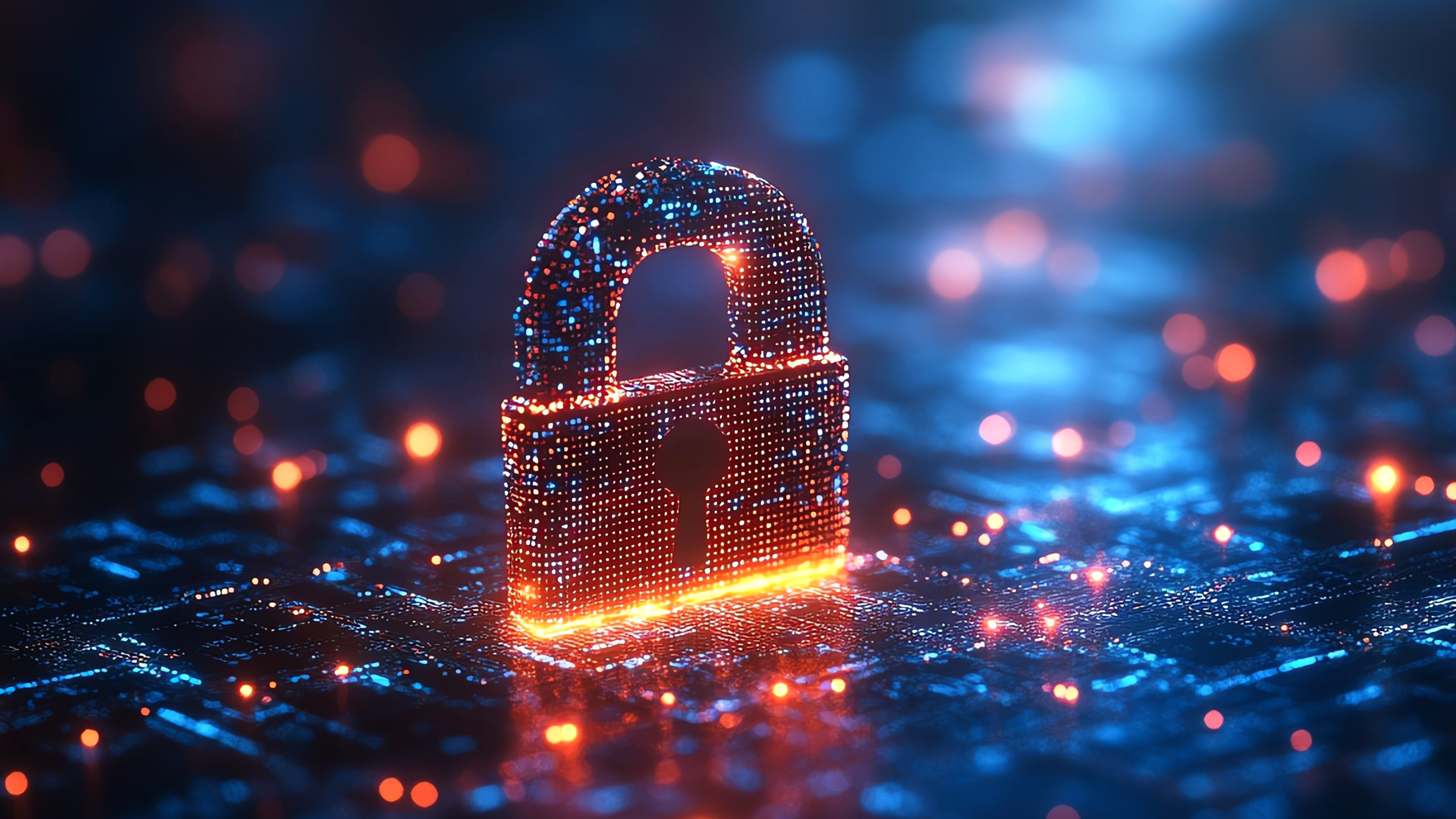 Secure digital network, glowing lock, blue background, cybersecurity concept .