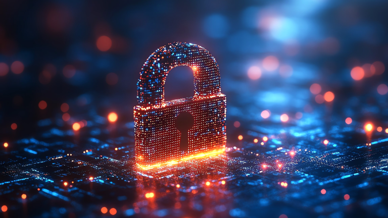 Secure digital network, glowing lock, blue background, cybersecurity concept .