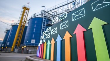A colorful graph of arrows points upward in front of industrial tanks, symbolizing growth and communication, with email icons suggesting digital connectivity.