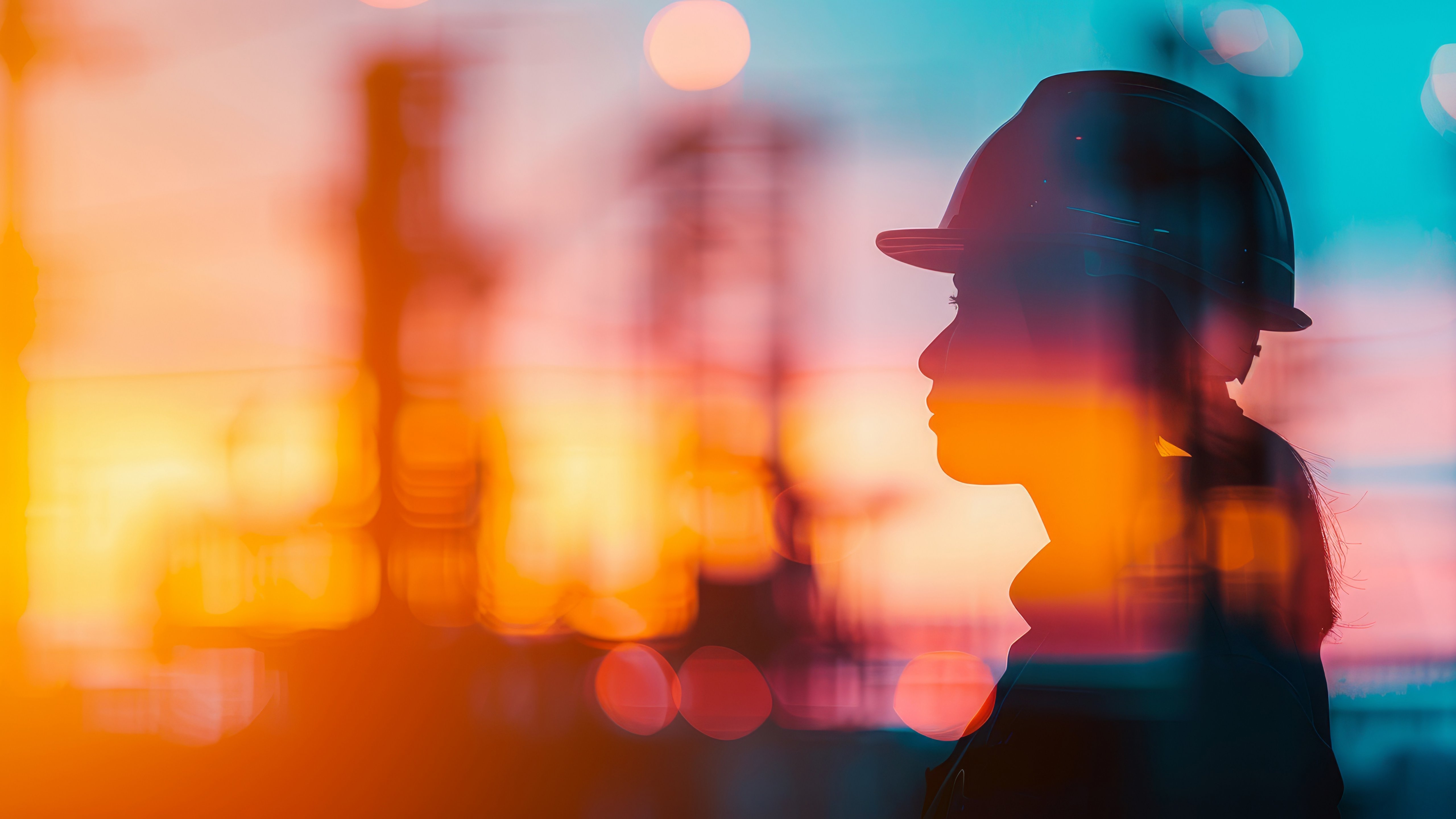 Silhouette of a person in a hard hat with a blurred industrial background at sunset
