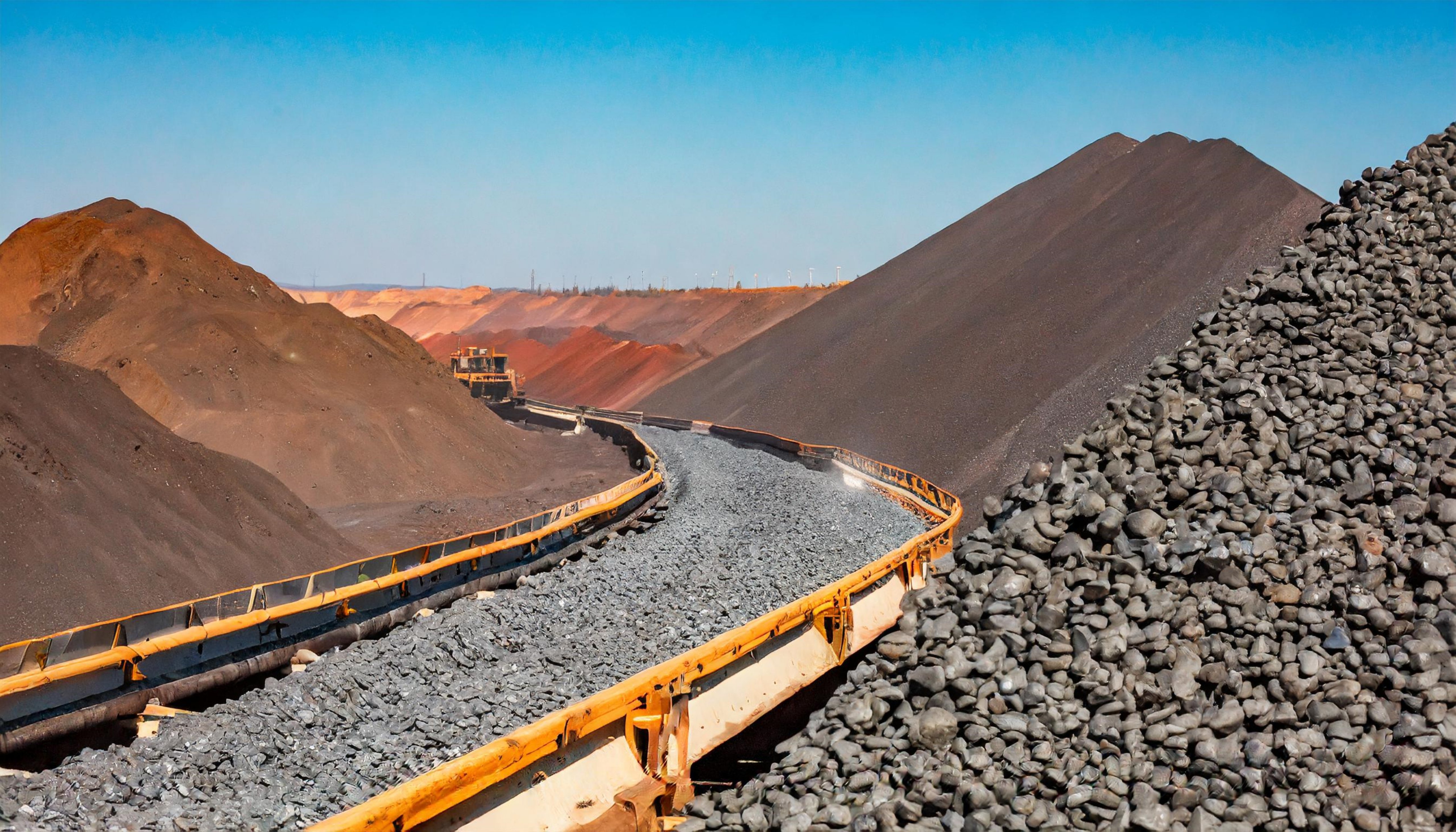 Raw Iron Ore Lumps on a Conveyor Belt in a Mining Site Under Clear Sky
