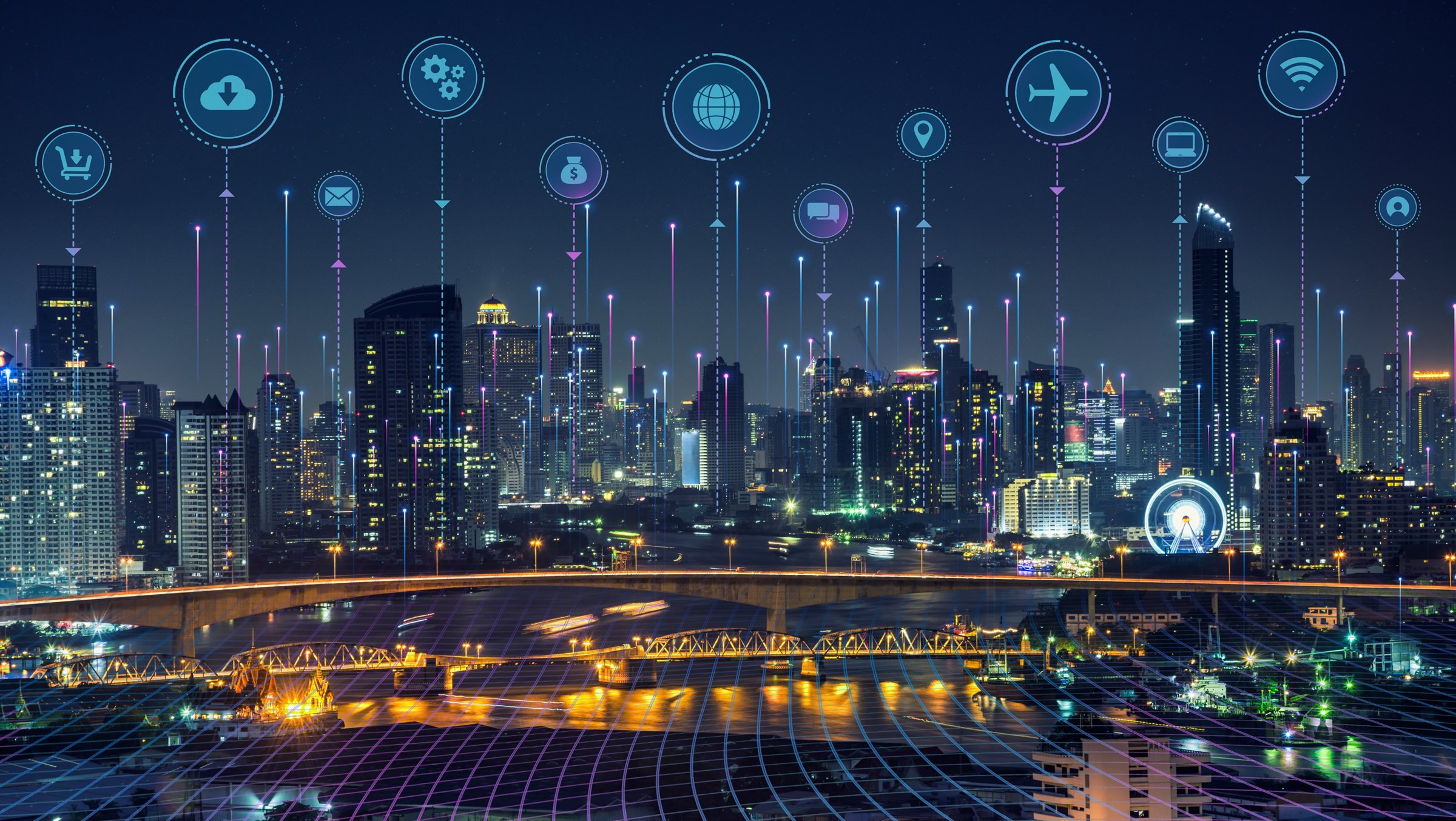 Smart city dot point connect with gradient grid line, internet of things connection technology icon concept.