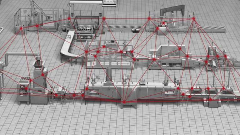 a grey manufacturing line with red lines superimposed, highlighting the connections between the various smart devices and illustrating the flow of data