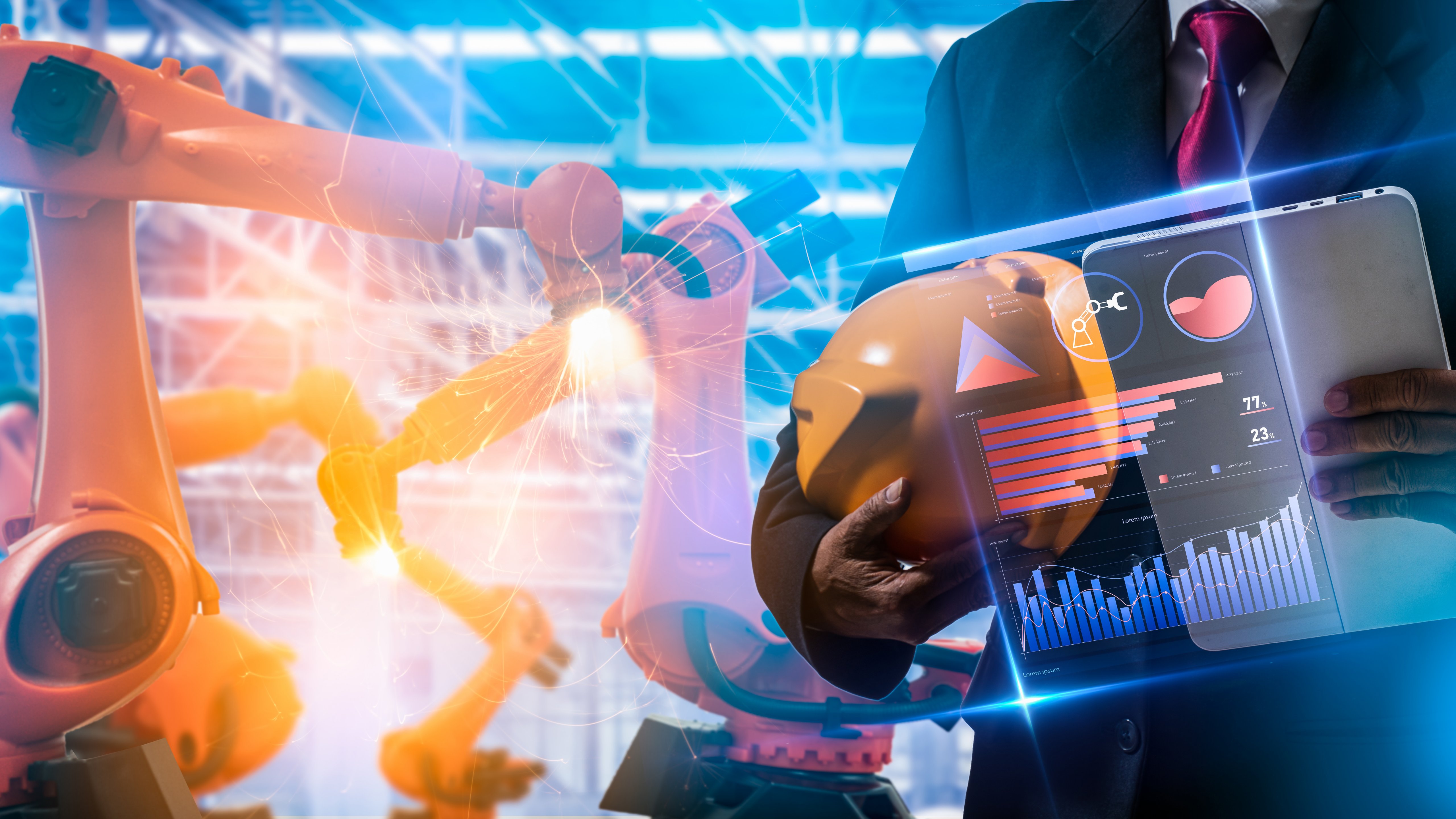 Robotics or digital intelligent manufacturing operation concept.Manager engineer control and check automation robot machine in intelligent factory.Supervisor management on real time monitoring system.