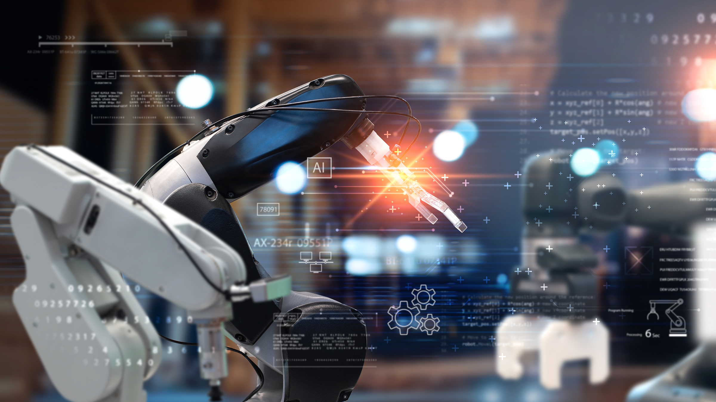 Futuristic technology, automation robot arms machine by system control software in smart factory, digital manufacturing operation.