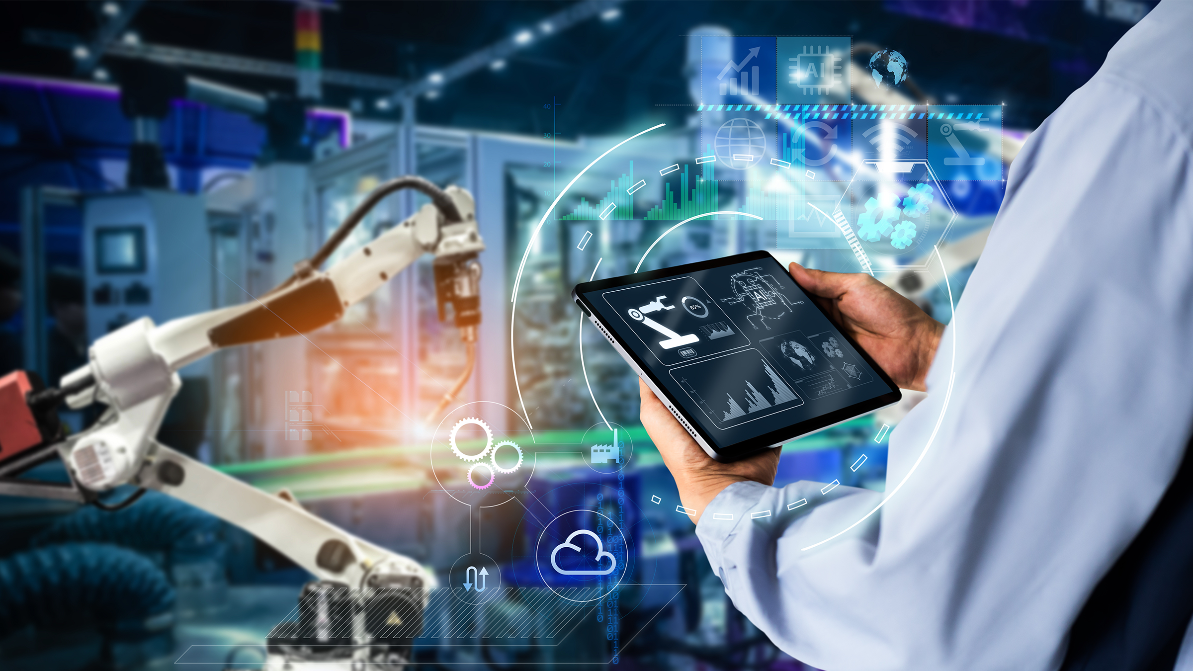 Smart industry control concept, hands holding tablet.