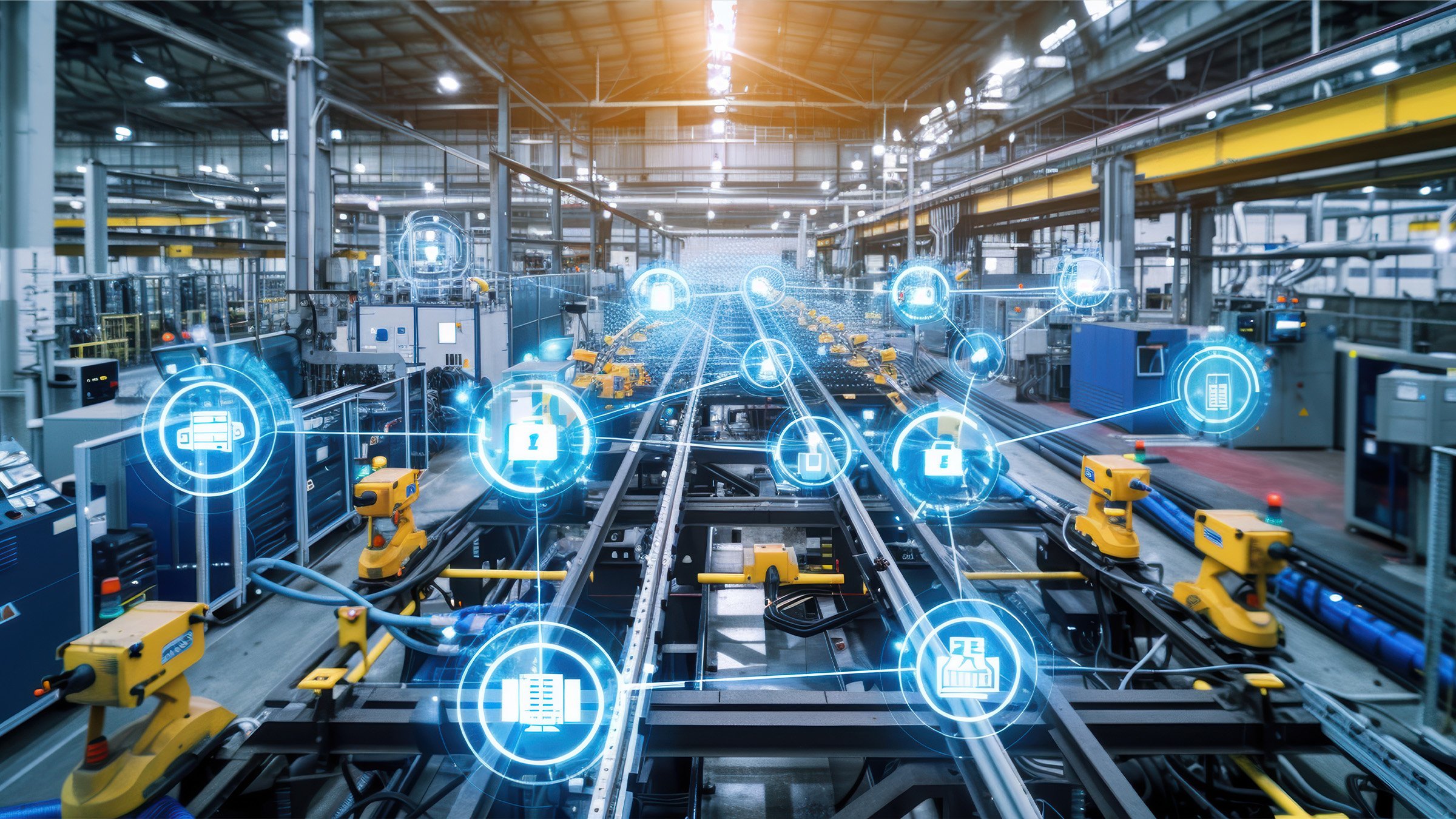 A modern industrial factory with blue graphics that illustrate it is using automation and cloud computing for data exchange, improving efficiency and productivity.
