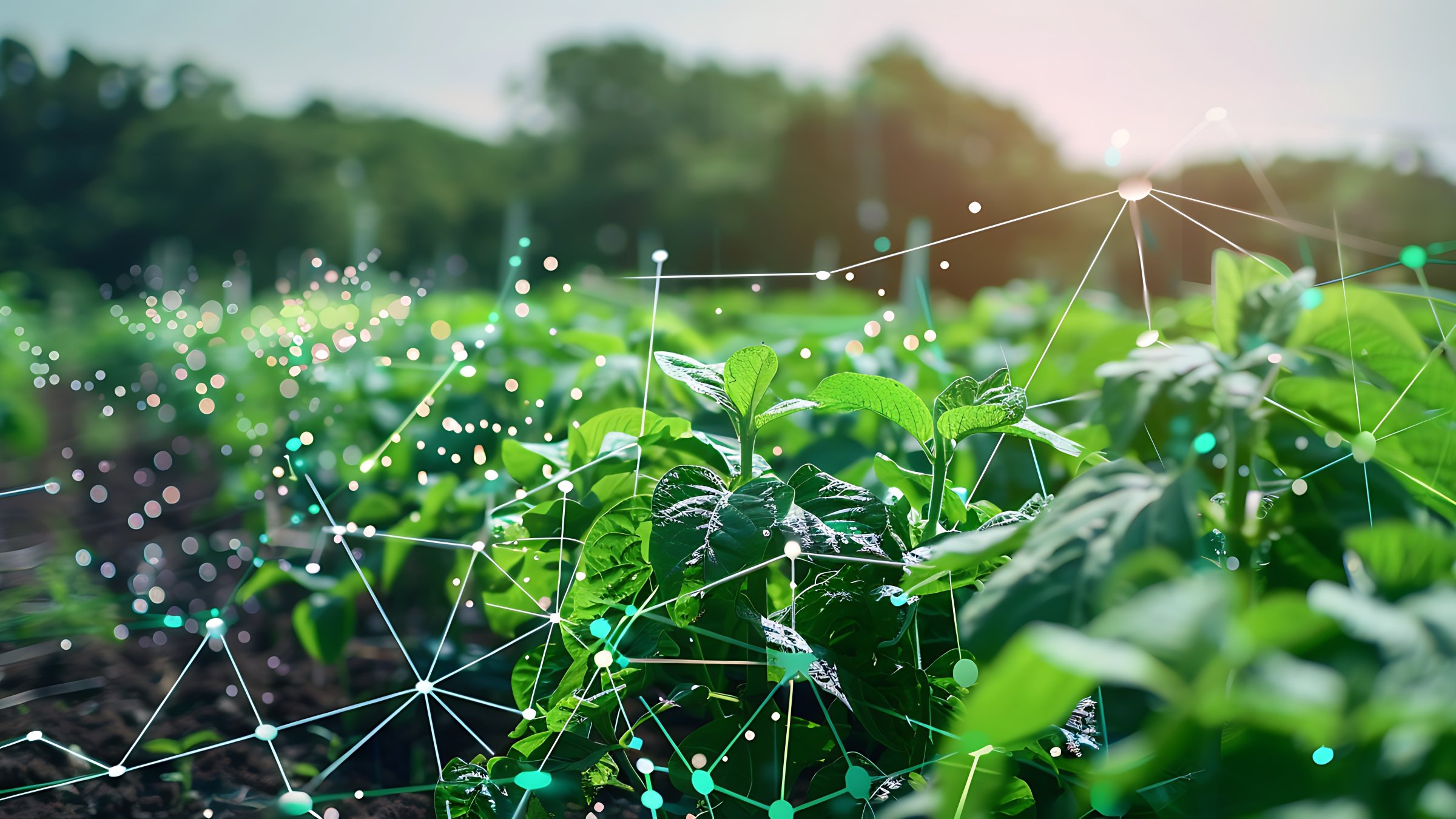Un paisaje digital que muestra tecnología agrícola interconectada, simbolizando el futuro de la agricultura.