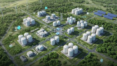 Sustainable Biofuel Refinery Complex - Aerial view of a modern, sustainable biofuel refinery complex surrounded by lush greenery and renewable energy sources 