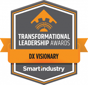 Orange, grey and white hexagon shaped award logo that reads DX Visionary