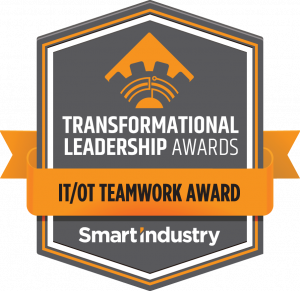 Orange, grey and white hexagon shaped award logo that reads IT/OT Teamwork Award