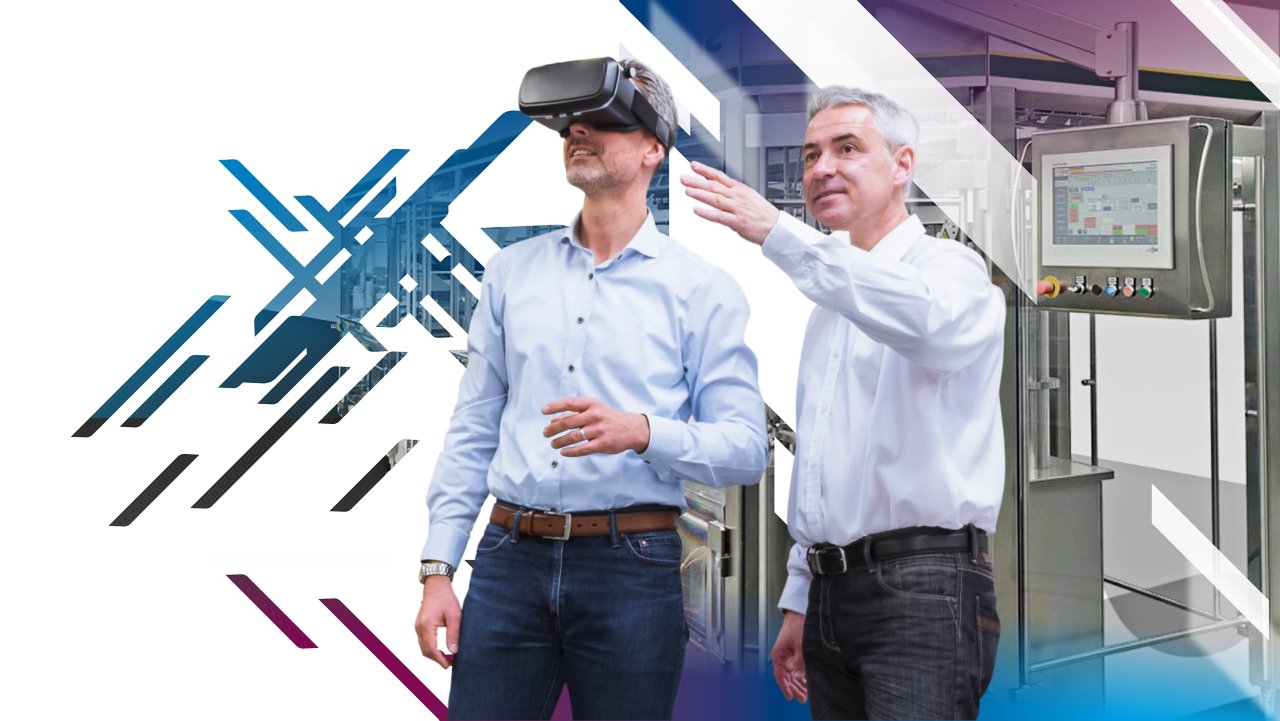 Two men standing, one pointing out and second wearing vr goggles wtih SN Machinenbau product