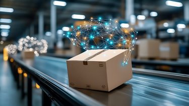 Parcel with digital data network visualization floating above moving conveyor belt in warehouse facility. 