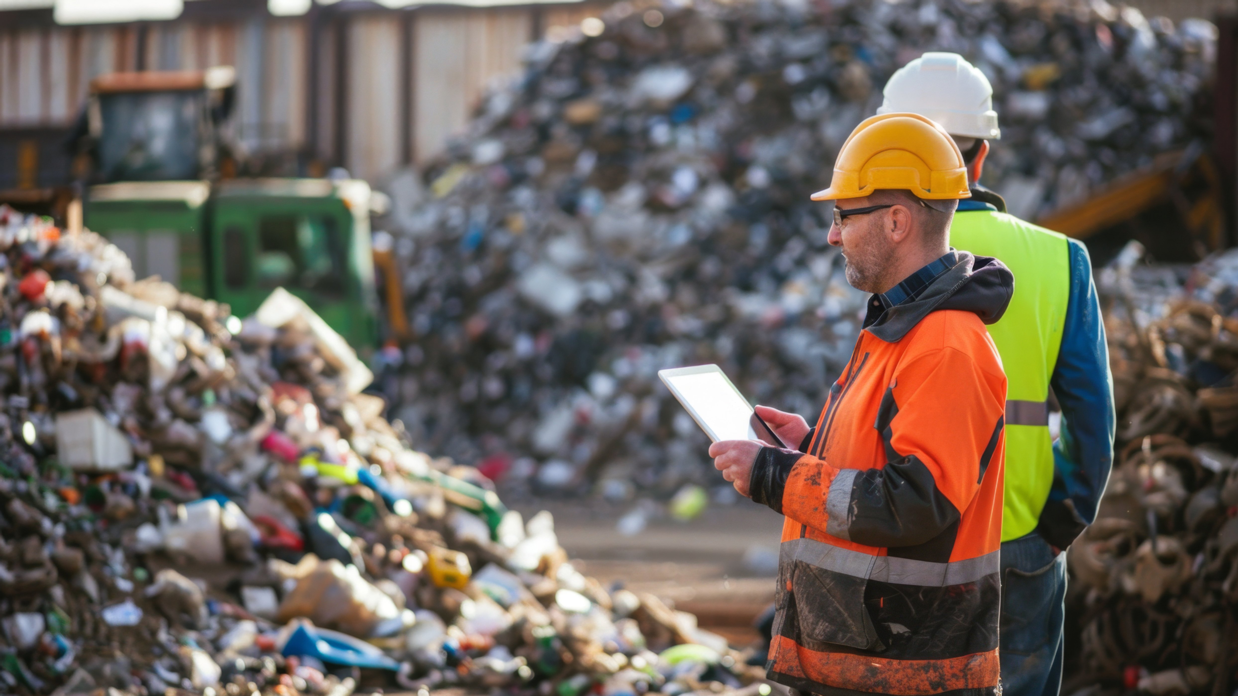 Waste management worker with tablet at a recycling plant.