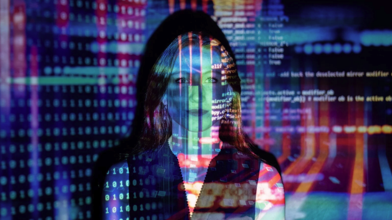 Woman with digital screen overlaid on her face