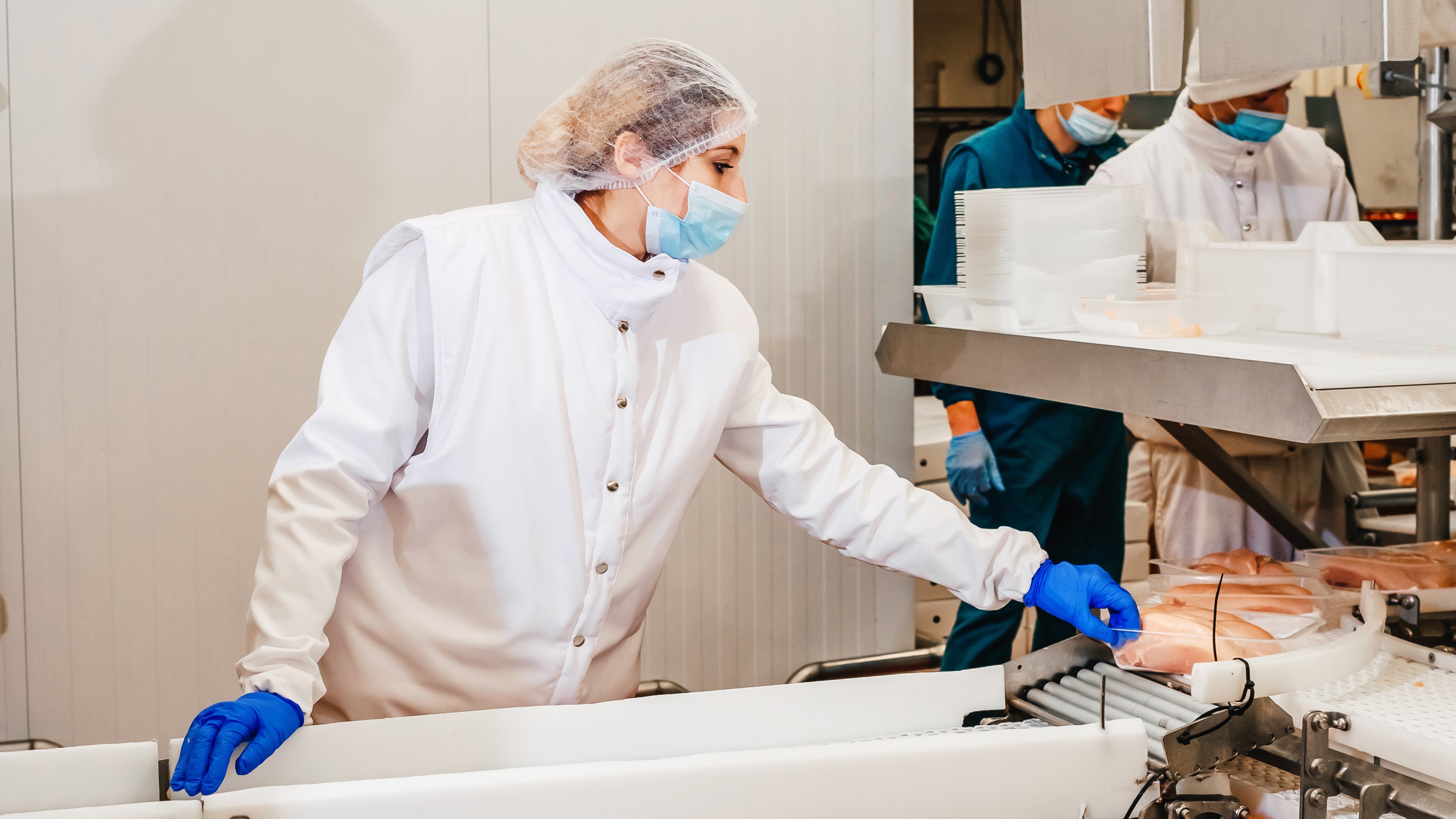 Woman worker at modern poultry processing plant. Automated production line in modern food factory. Factory for the production of food from meat. Conveyor Belt Food.