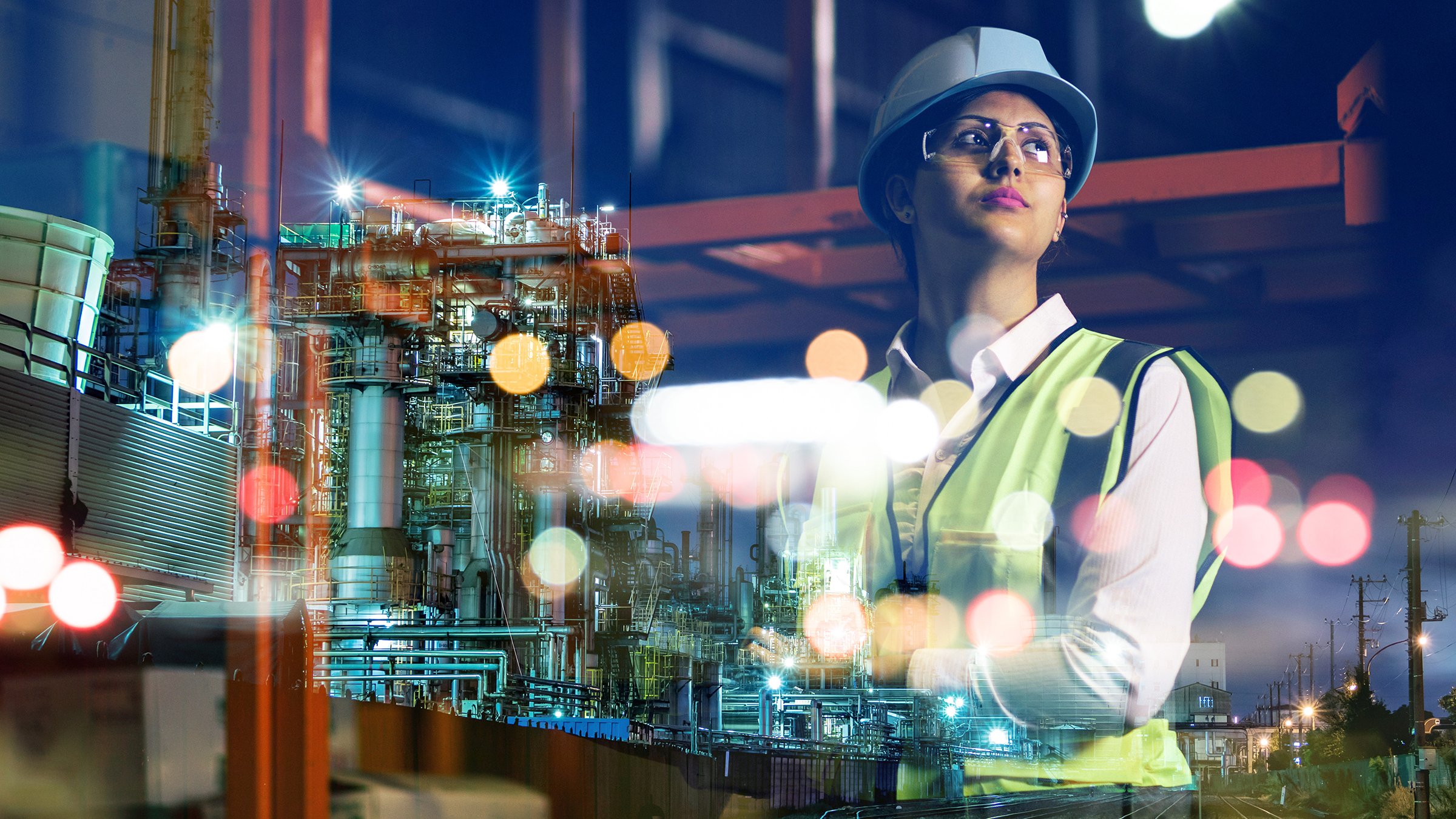 Woman in safey gear imposed over multiple factory images