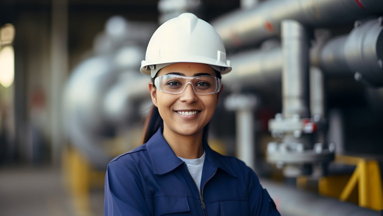 Portrait of happy female engineer at oil refinery, woman engineer inspecting in industrial oil refinery wearing construction helmet and blue vest