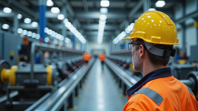 Worker observing production line.