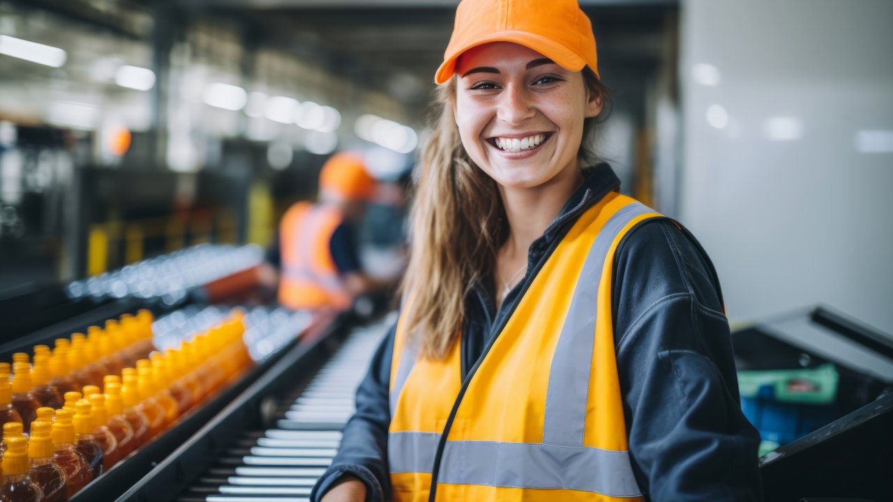 Trabalhadora sorridente usando colete laranja ao lado da correia transportadora