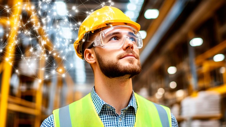 A man in a warehouse wearing a hard hat and high visibility vest looking up and to the right with a digital graphic in the upper left corner. 