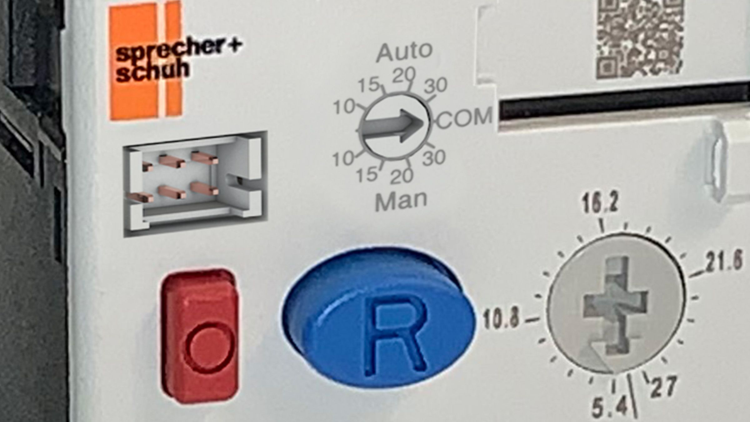 Sprecher & Schuh Series CEP7-1EFEB Adjustment dial, PIN interface, test and reset button face closeup