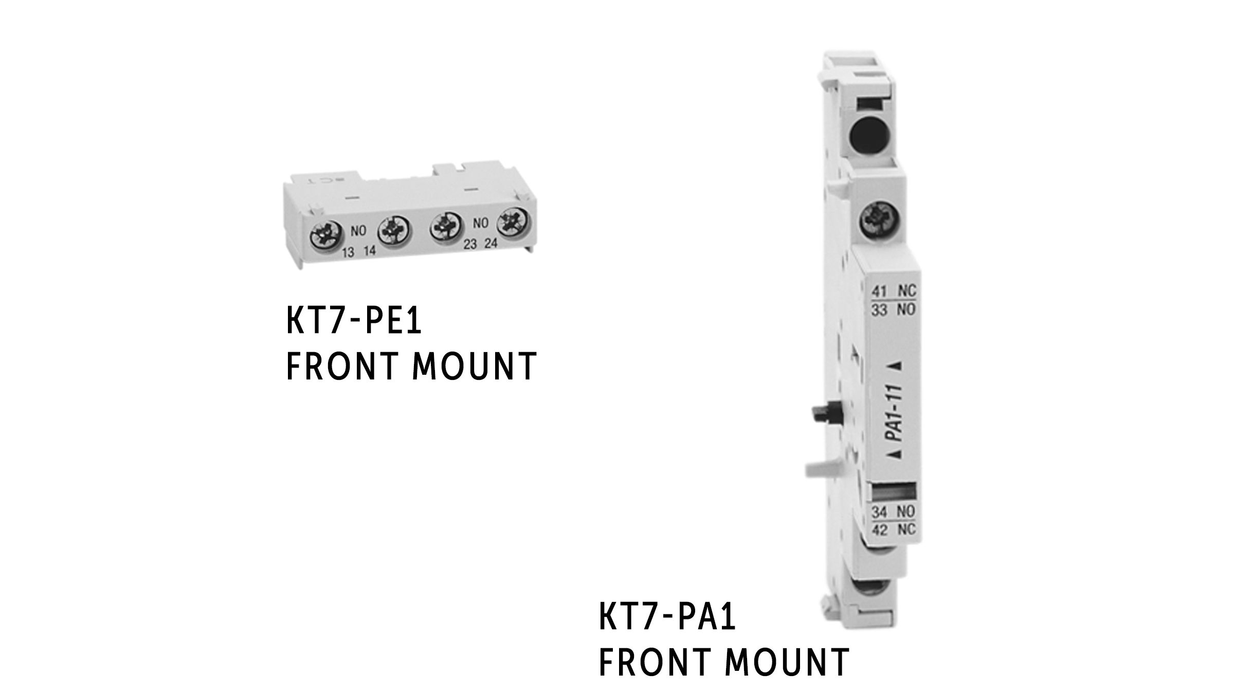 Side by side KT7-PE1 and KT7-PA1 auxiliary contacts