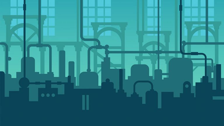 A multi-layered silhouette in different shades of teal showing manufacturing equipment in an industrial setting