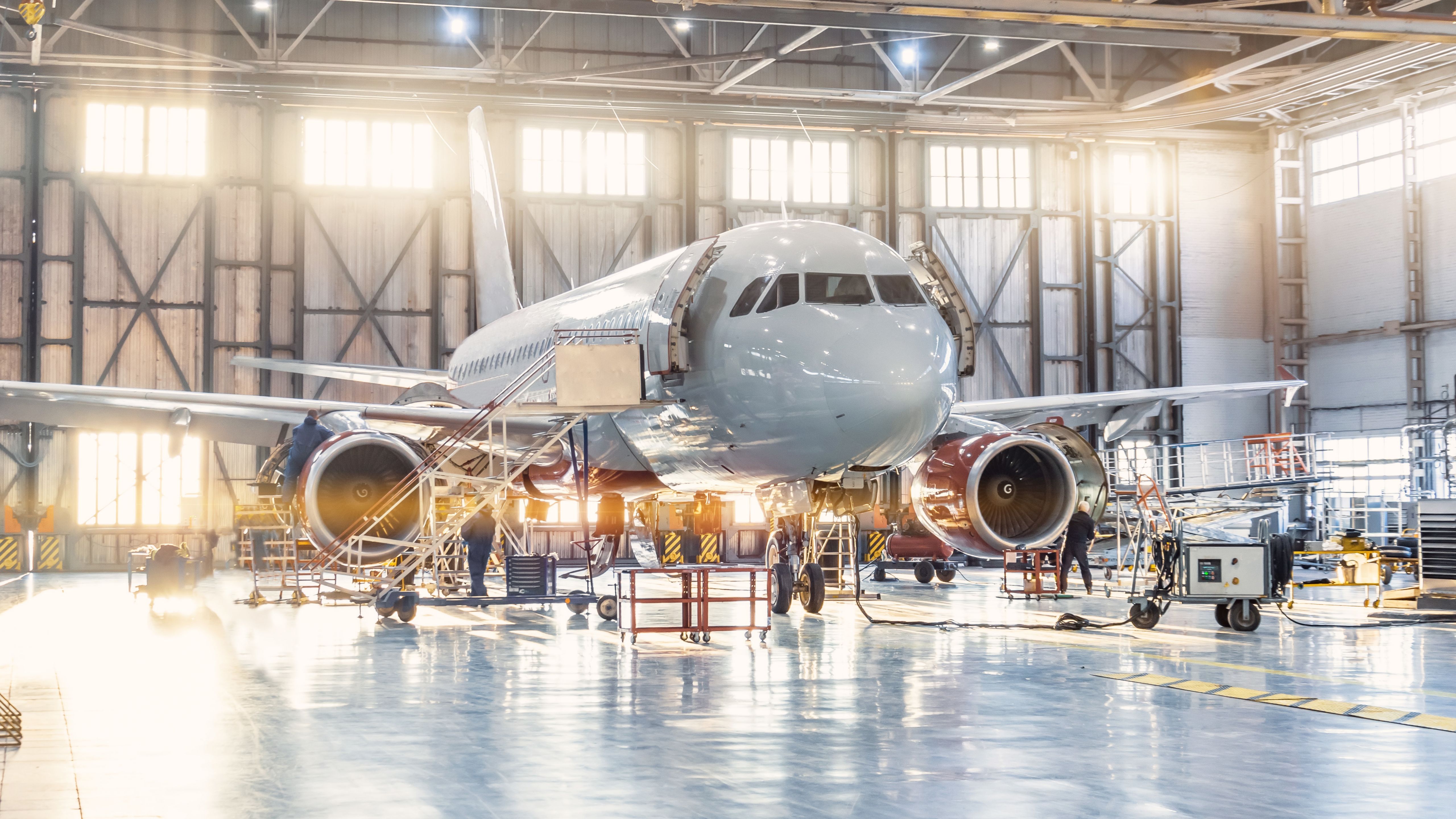 airplane in a hanger