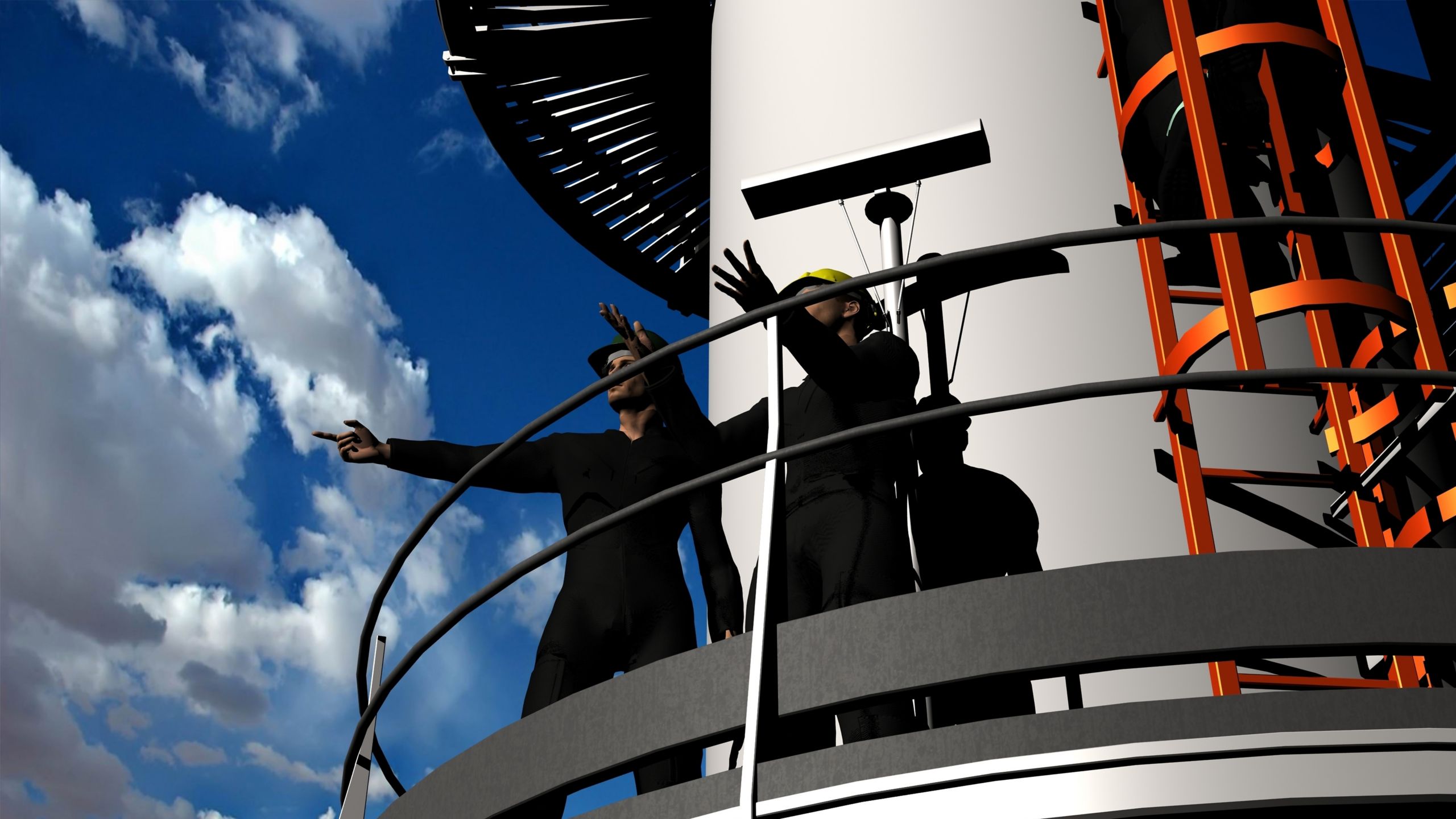Zwei Menschen stehen am Geländer eines Turms
