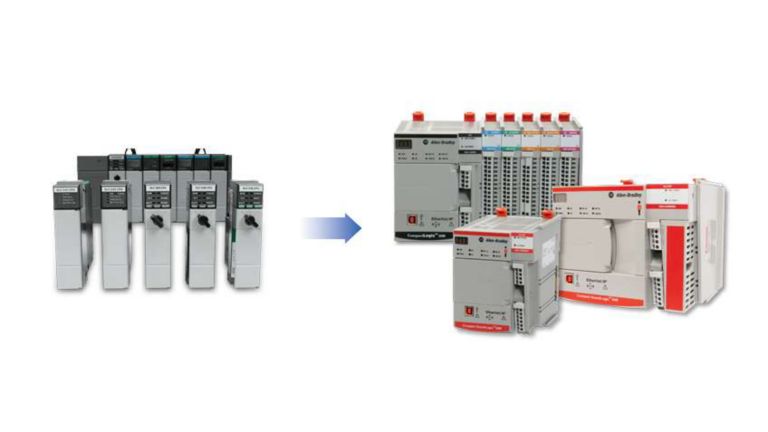 SLC controllers are at the far left, followed by a blue arrow in the middle pointing to a group image of CompactLogix 5380 and Compact GuardLogix 5380 SIL 2 and SIL 3 controllers at the far right.