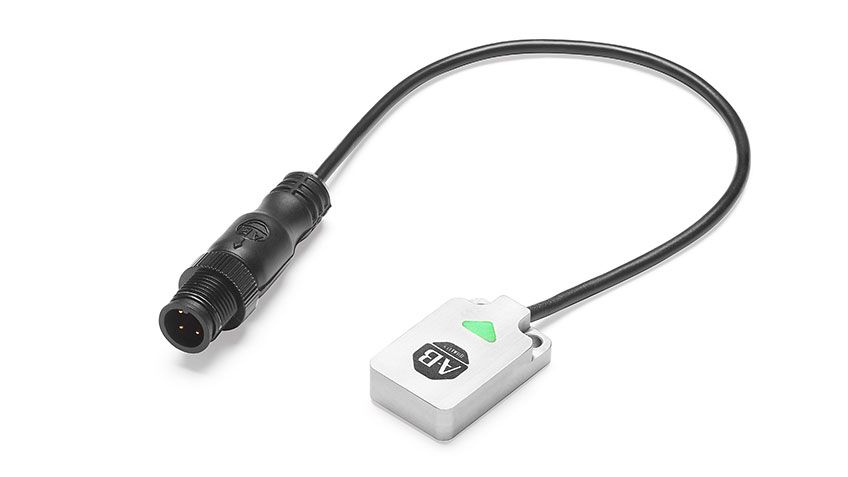 The Allen-Bradley 871FM miniature metal flat pack inductive proximity sensor.