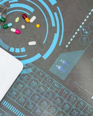El collage incluye una tabla periódica, el teclado de una computadora portátil, un gráfico y medicación