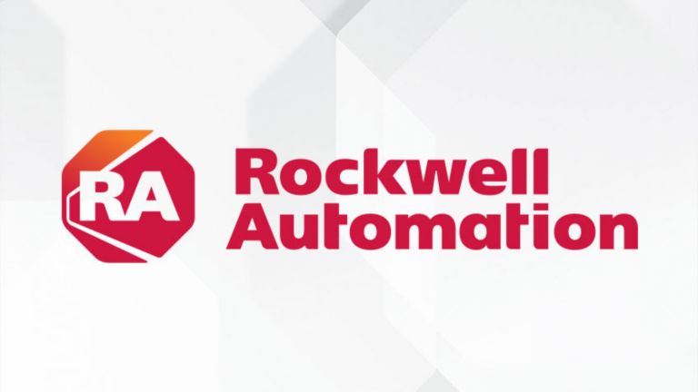 Rockwell Automation red logo with white and grey octagons in the background