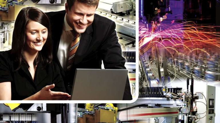 Collage of images that include two executives looking at information on a laptop and manufacturing machines