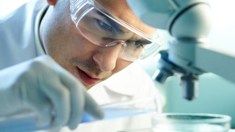 生物科技設備的實驗室工作者將溶液倒入置於顯微鏡下的培養皿中。