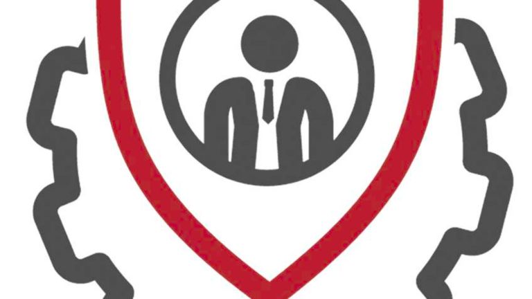 person icon in dark grey circle inside red shield shape inside greay gear shape